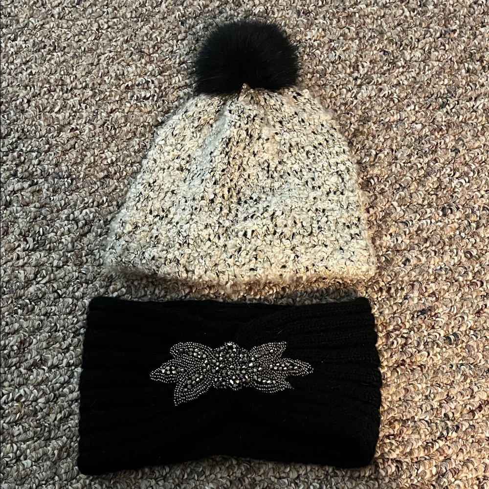 Black and Cream hat and ear warmer